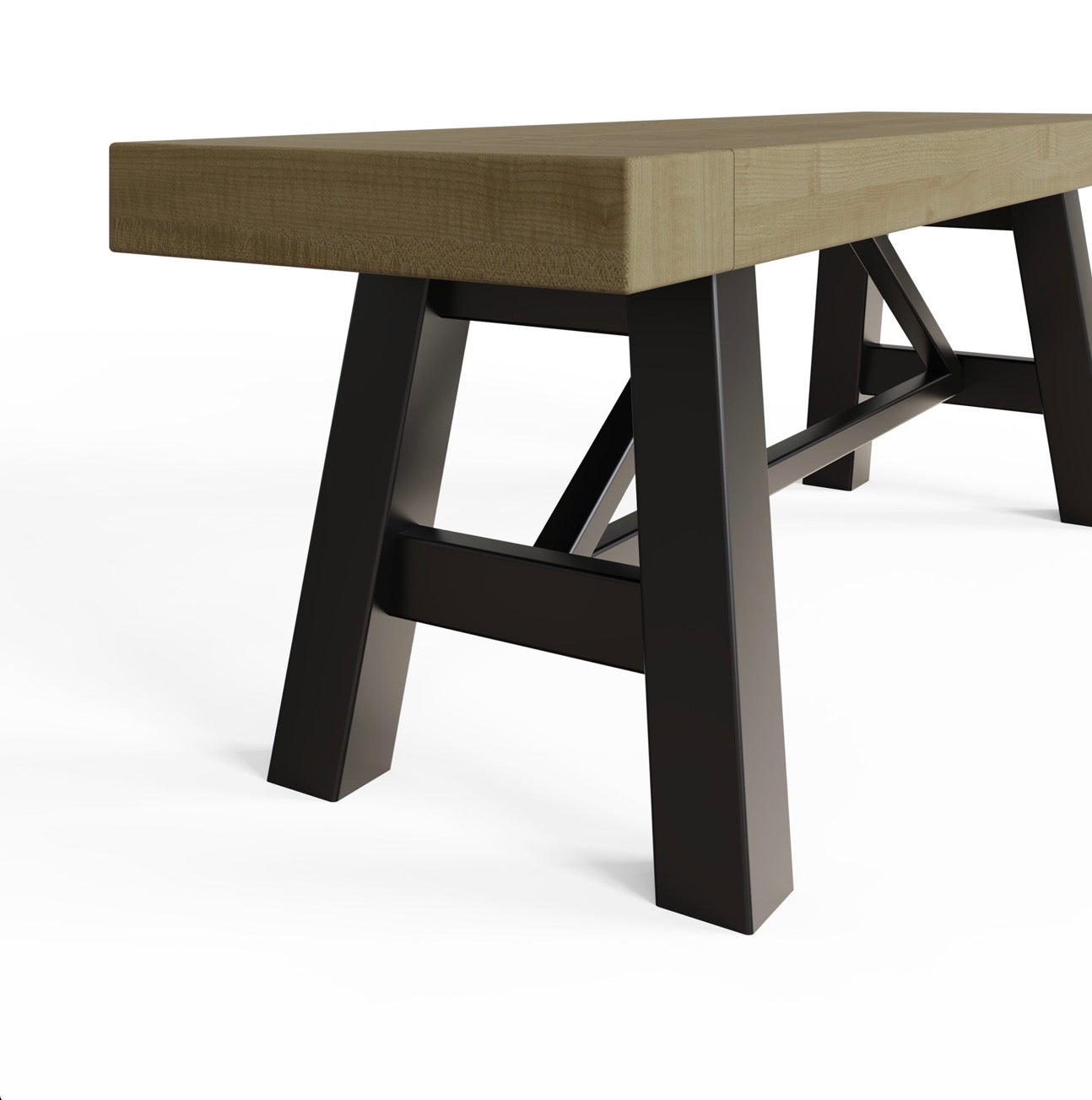 A modern bench with a thick, light brown wood-grain top and dark brown A-frame legs, shown from a low angle on a white background.