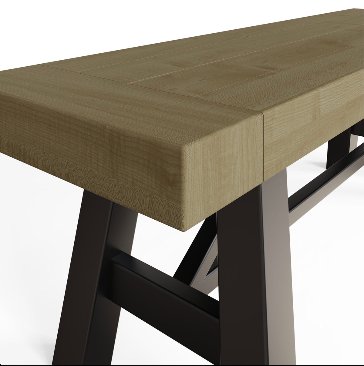 A modern bench with a thick, light brown wood-grain top and dark brown A-frame legs, shown on a white background.