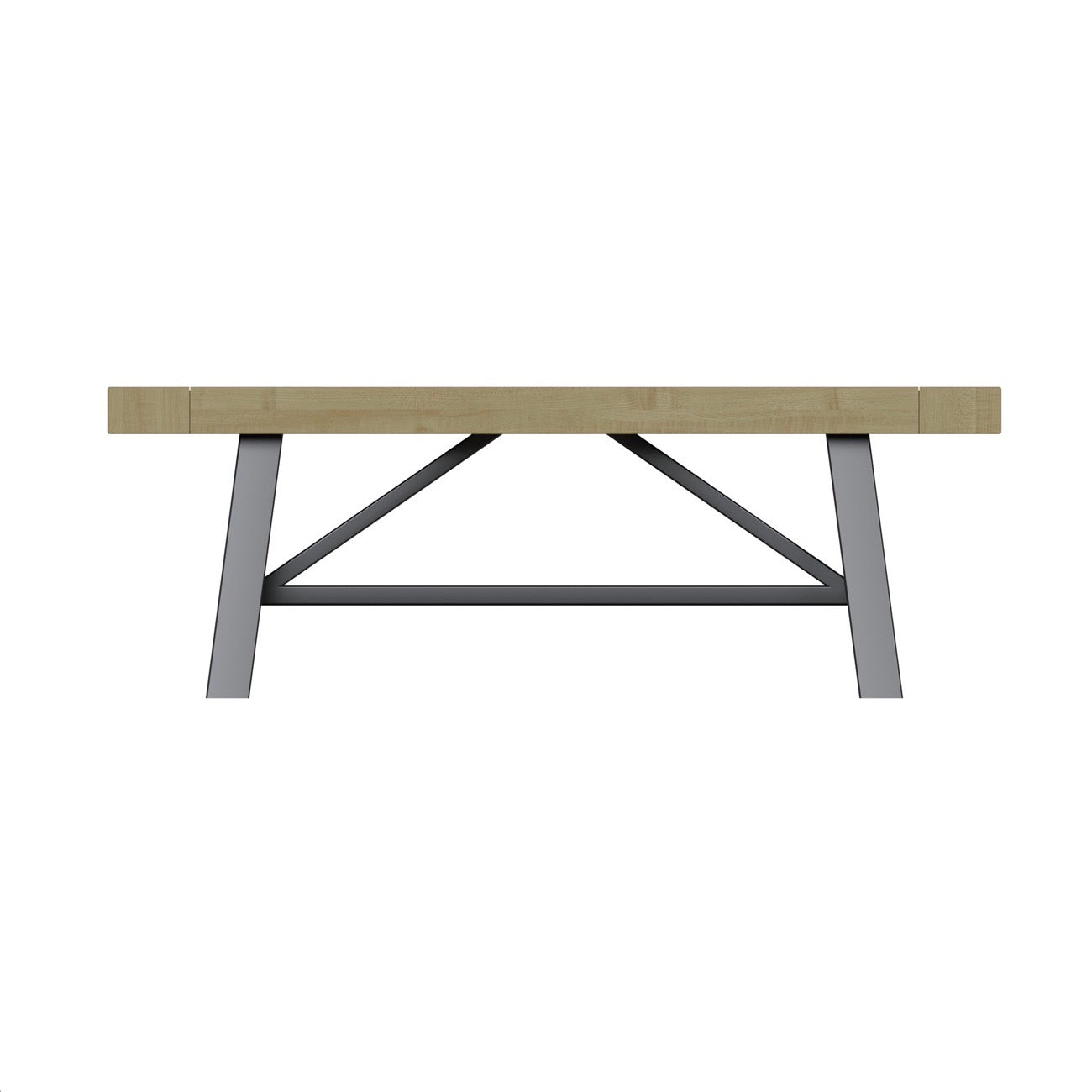 A modern bench with a thick, light brown wood-grain top shown on a white background.