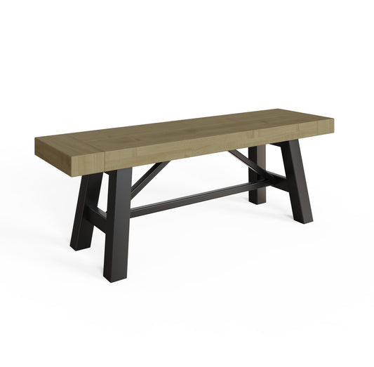 Long wooden table with black metal legs on a white background