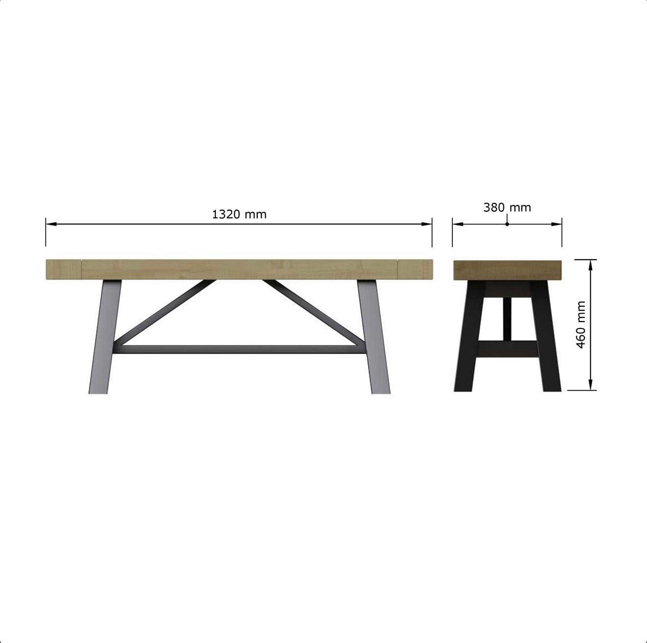 Side view of a A modern bench. white background with measurements 
