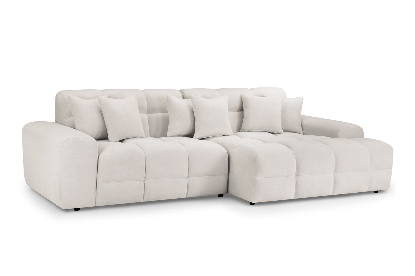 Jacob beige right-hand facing corner sofa with deep-tufted cushions and matching scatter cushions