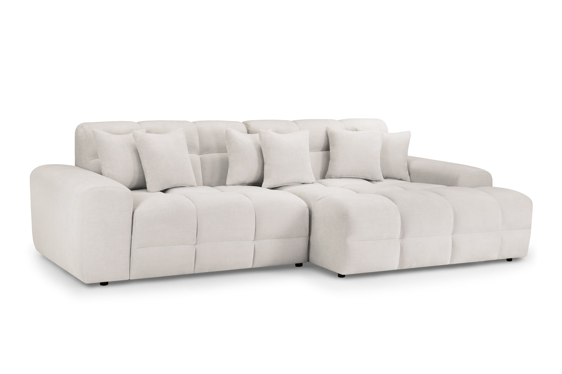 Jacob beige right-hand facing corner sofa with deep-tufted cushions and matching scatter cushions