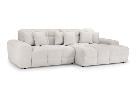 Jacob beige right-hand facing corner sofa with deep-tufted cushions and matching scatter cushions