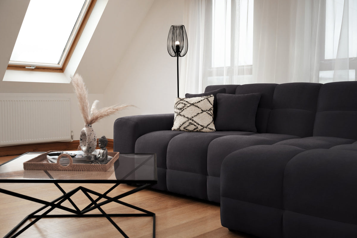 Modern living room with a black sofa, coffee table, and decorative elements.
