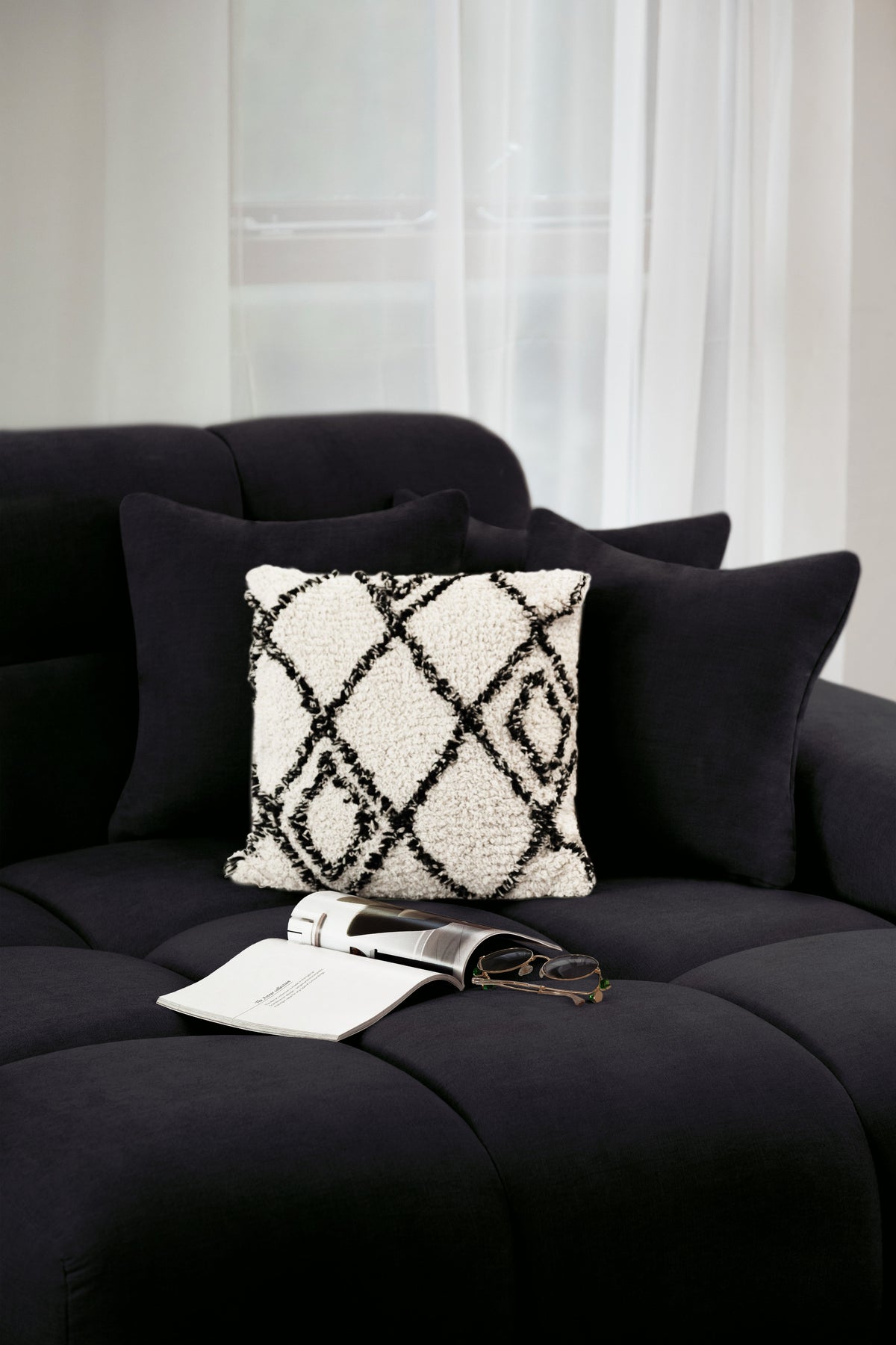 Black sofa with a decorative pillow and a magazine on a white background