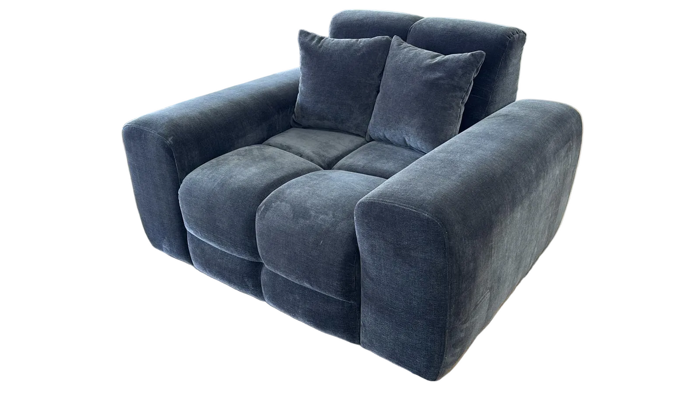 A modern two-seater armchair upholstered in a textured black fabric, shown against a plain white background.