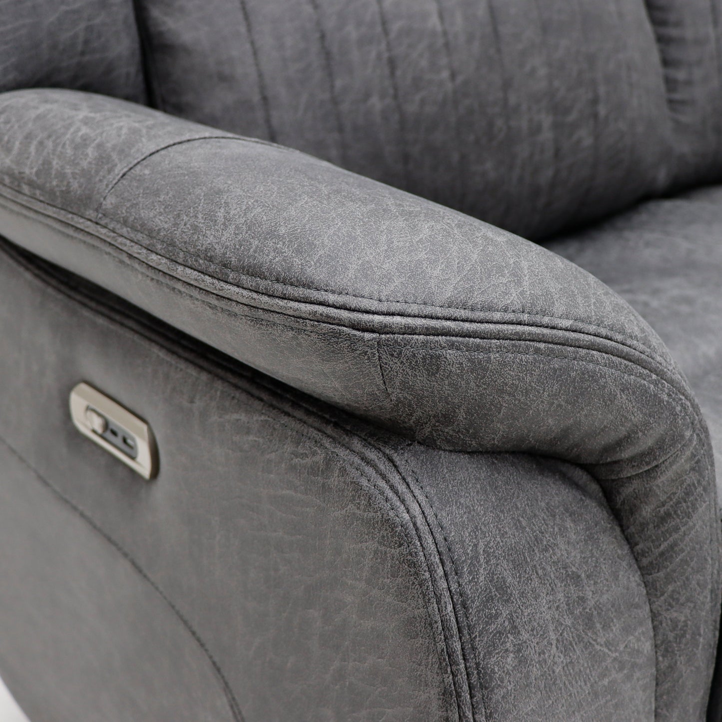 Gray fabric armchair with a control panel on the armrest.