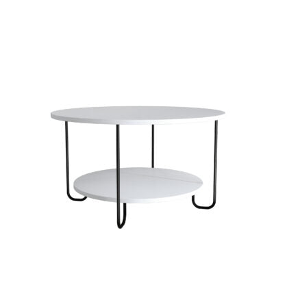 A modern round coffee table with a white top and lower shelf, supported by a black metal hairpin frame, shown on a plain white background.