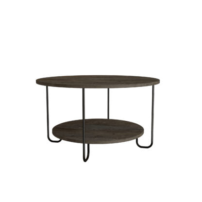 Round wooden coffee table with metal legs on a white background
