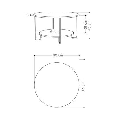 Technical dimension drawing of a round metal coffee table with a top surface, lower shelf, and legs, showing measurements in centimeters on a white background.