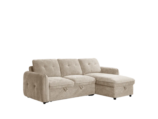 A light beige textured fabric sectional sofa with a right-facing chaise lounge and tufted back cushions, shown on a plain white background.