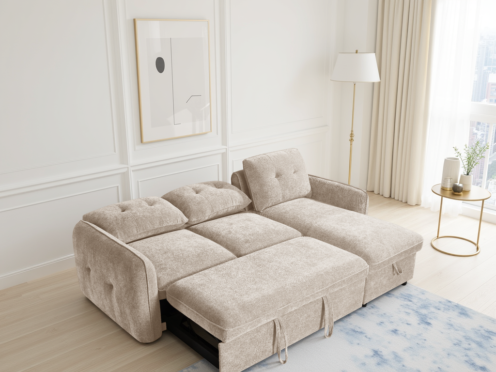 Beige sectional sofa in a living room with a lamp and artwork on the wall.