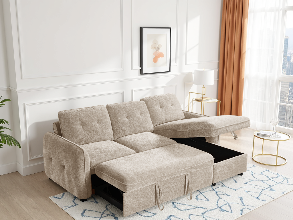 Beige sectional sofa with ottoman in a living room setting
