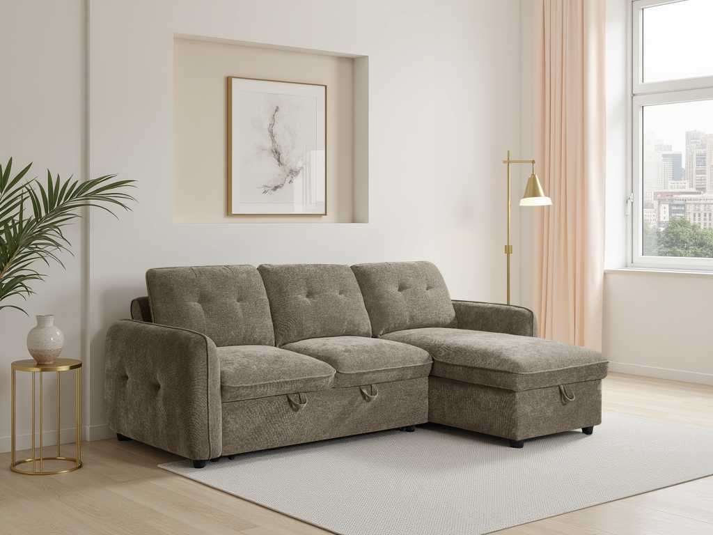 Brown sectional sofa in a living room with a side table, lamp, and window.