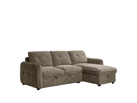 A three-seat tufted sectional sofa in a textured taupe fabric, featuring a right-side chaise lounge and lift-up storage bases under the seat and chaise cushions.