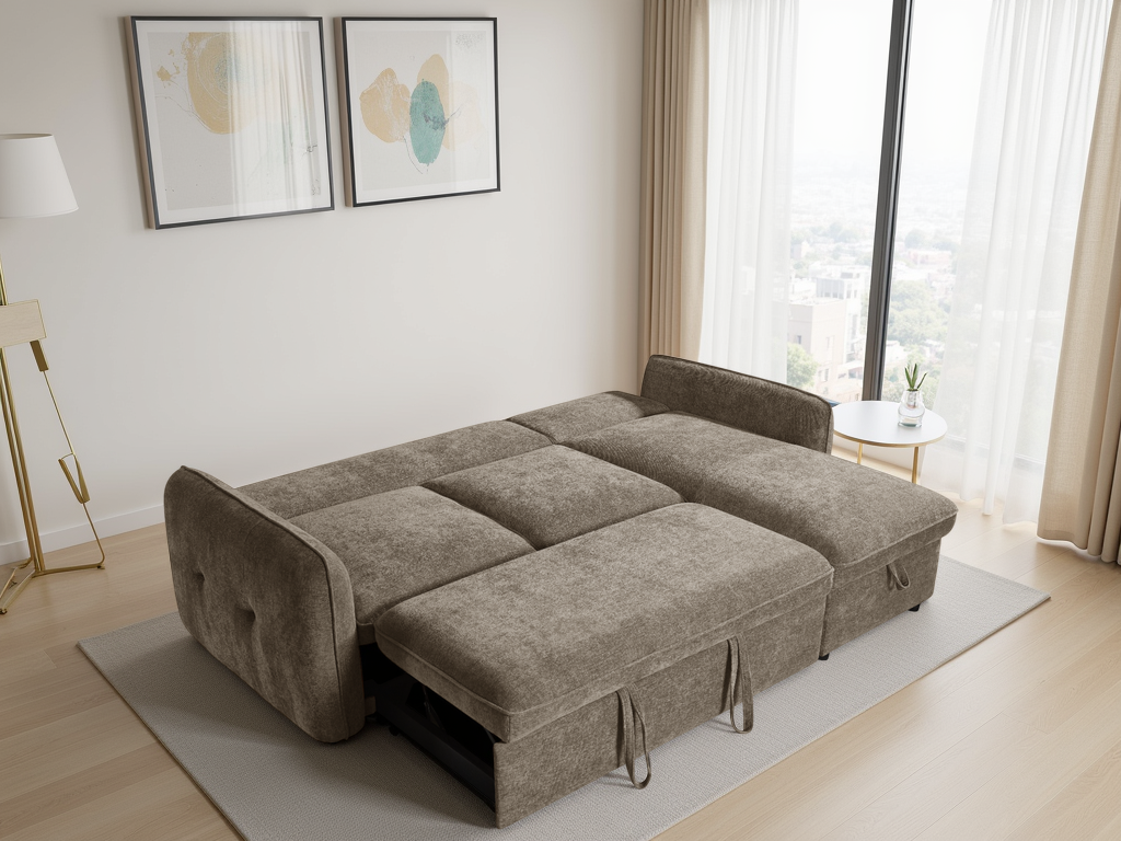 Brown sectional sofa in a living room with light wood flooring and large windows.