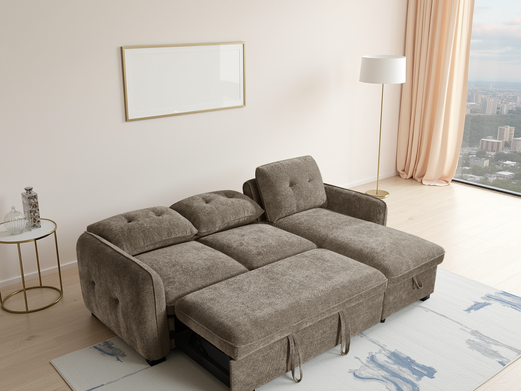 Brown sectional sofa in a living room with a cityscape view.