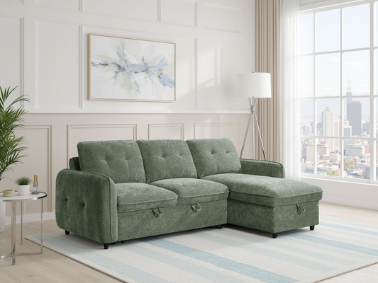 Green sectional sofa in a living room with a cityscape view.