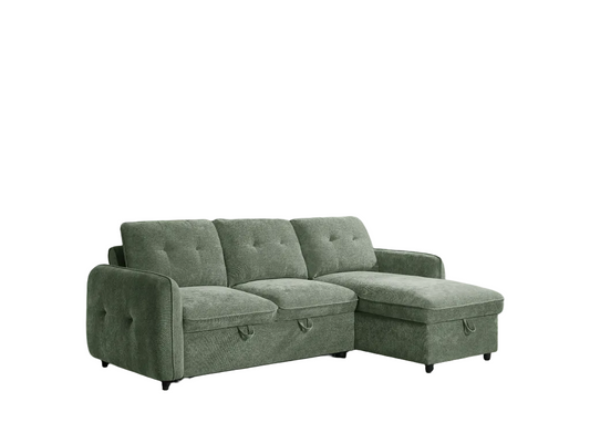 A three-seat sectional sofa in a textured sage green fabric shown on a plain white background.