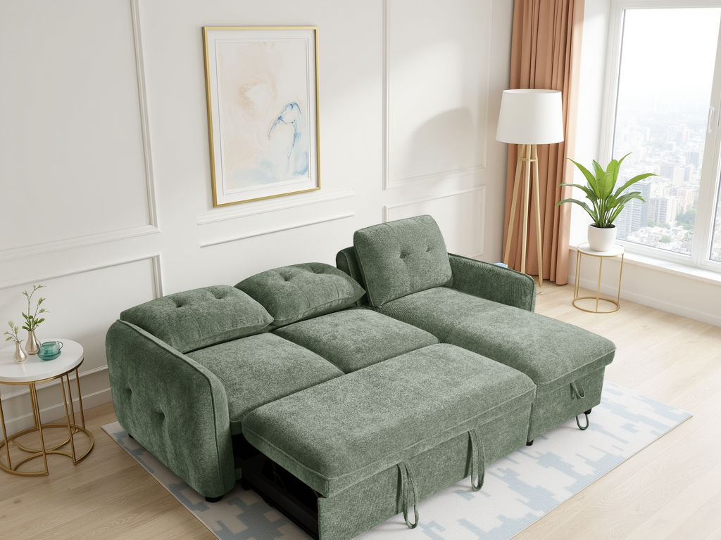 Green sectional sofa in a living room with a lamp, plant, and artwork on the wall.