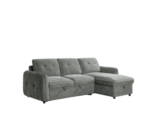 A three-seat sectional sofa in a textured grey shown on a plain white background.