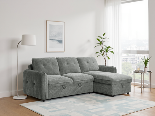 Gray sectional sofa in a living room with a lamp, plant, and artwork on the wall.