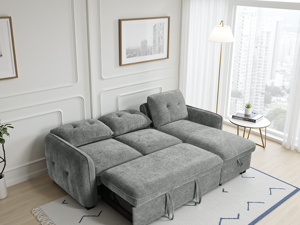 Gray sectional sofa in a living room with a cityscape painting on the wall.