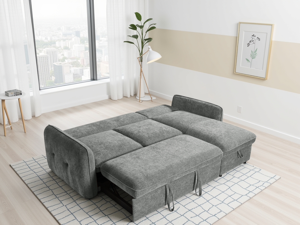 Gray sectional sofa in a living room with large windows and a plant.