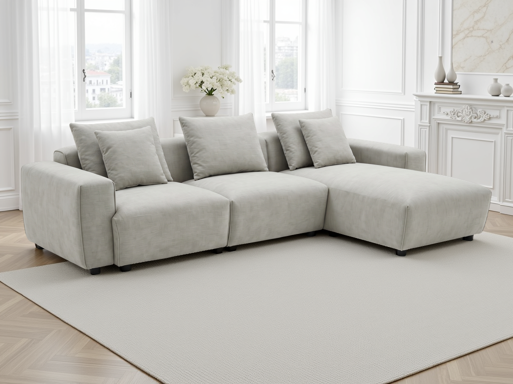 Gray sectional sofa in a bright living room with large windows.