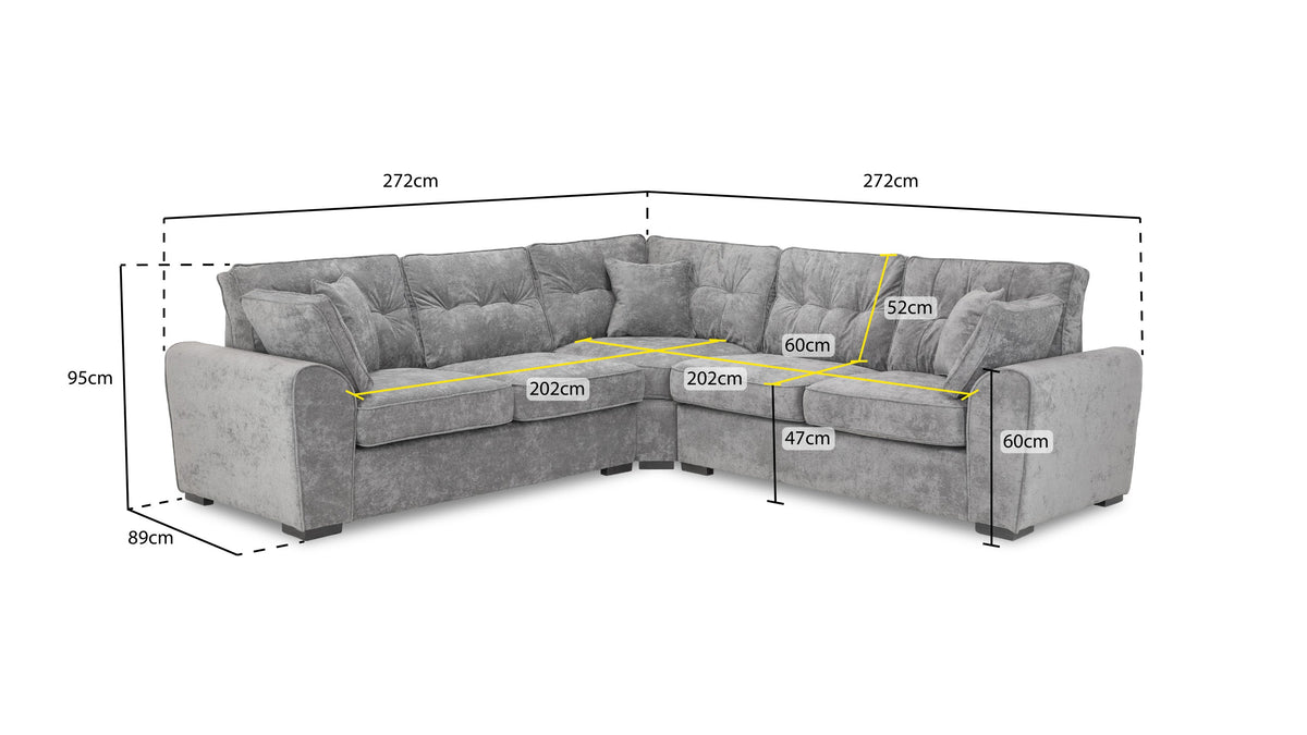 Gray sectional sofa with dimensions marked on a white background