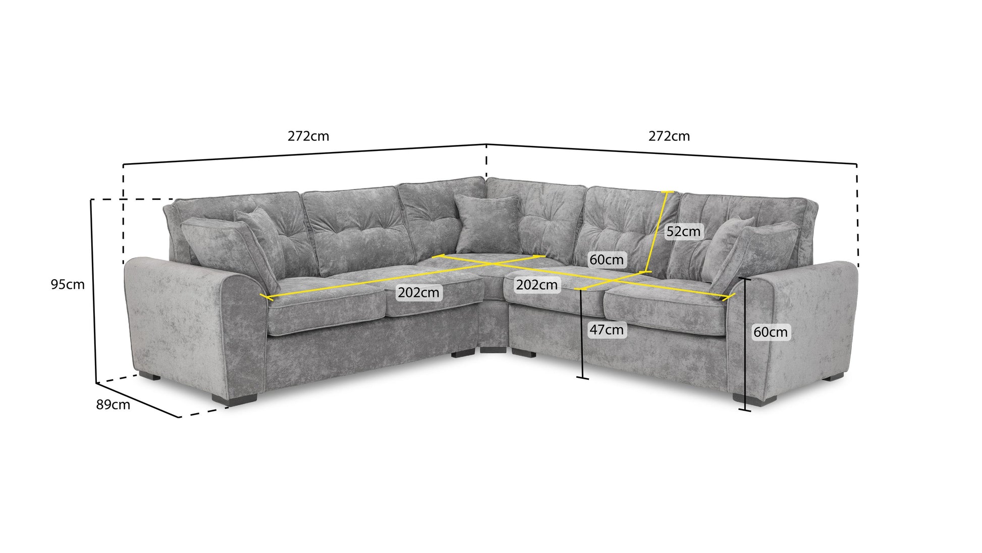 Gray sectional sofa with dimensions marked on a white background