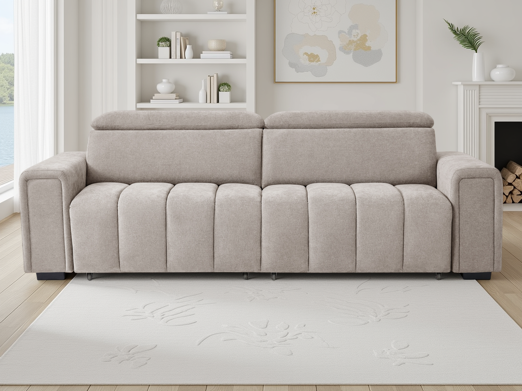 Beige sofa in a living room with a white rug and bookshelf.