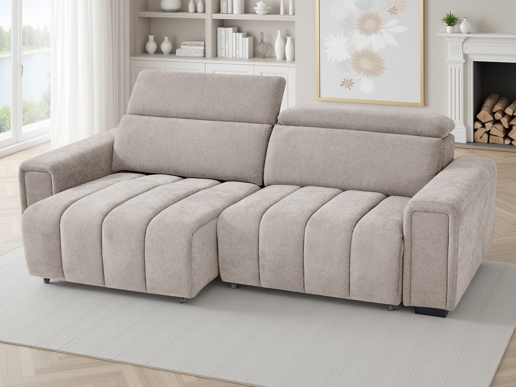 Beige sectional sofa in a living room setting with a fireplace and bookshelf.