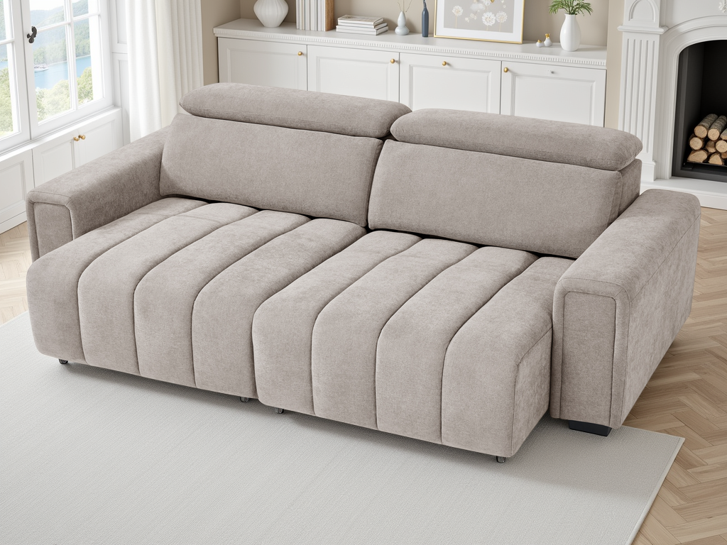 Beige sofa in a living room setting with a fireplace and window.