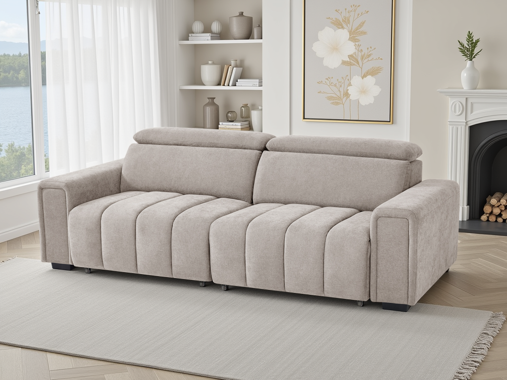 Beige sofa in a living room with a fireplace and window view.
