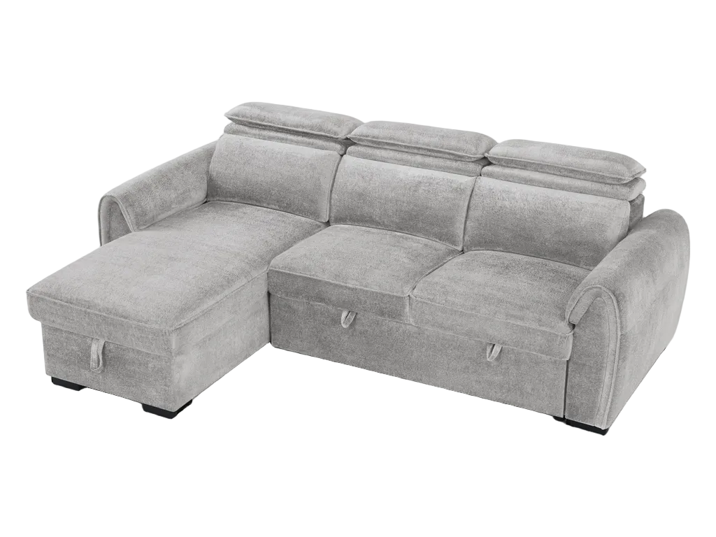 A light gray fabric sectional sofa with a left-facing chaise lounge and built-in storage compartments under the seat cushions, shown on a plain white background.