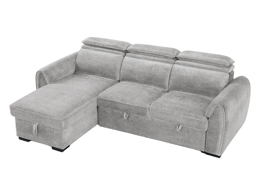 A light gray fabric sectional sofa with a left-facing chaise lounge and built-in storage compartments under the seat cushions, shown on a plain white background.