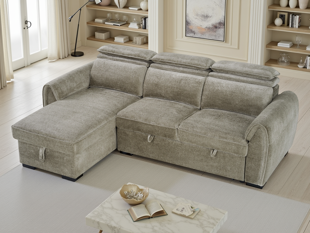 A light gray textured fabric sectional sofa with a chaise lounge and built-in storage compartments, shown in a bright, modern living room setting.