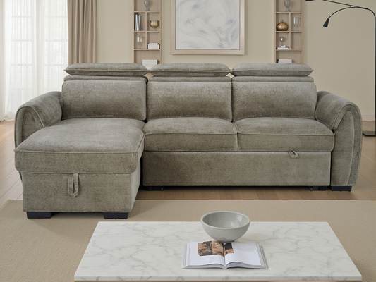 A light beige upholstered sectional sofa with a chaise lounge on the left and built-in storage compartments underneath the seat and chaise. The sofa is shown in a staged living room.