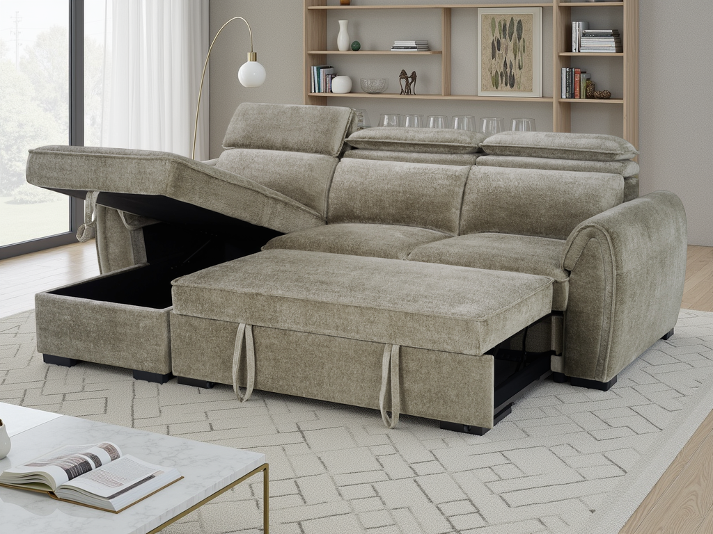 A light beige upholstered sectional sofa with a chaise lounge and raised storage ottomans, shown in a bright modern living.
