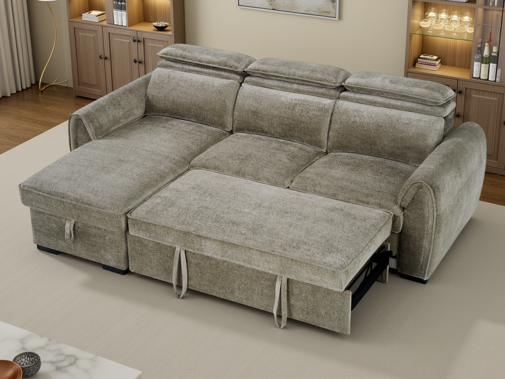 A light gray fabric sectional sofa with a chaise lounge and extended footrest, shown in a staged living room setting.