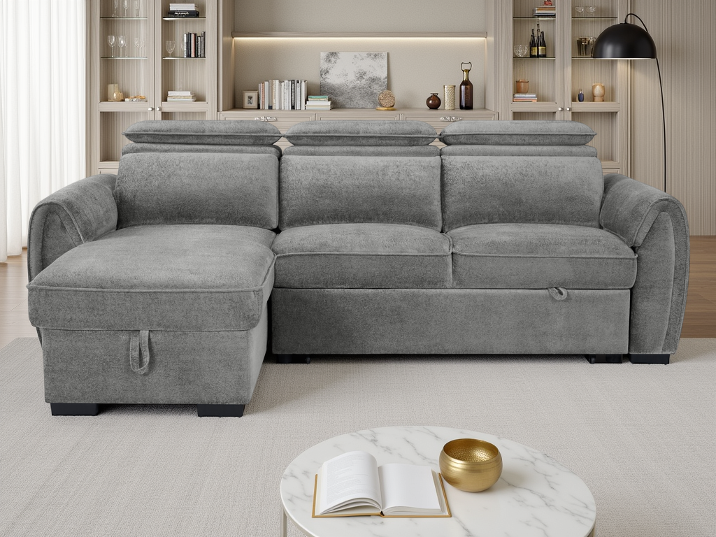 A modern gray fabric sectional sofa with a left-facing chaise lounge and storage compartment, shown in a bright, contemporary living room setting.