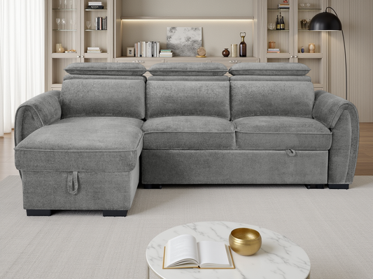 A modern gray fabric sectional sofa with a left-facing chaise lounge and storage compartment, shown in a bright, contemporary living room setting.