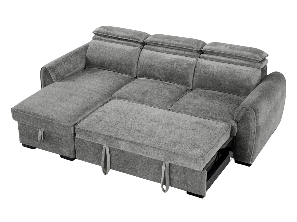 A gray fabric reclining sofa with a chaise lounge and extended footrest, shown on a plain white background.