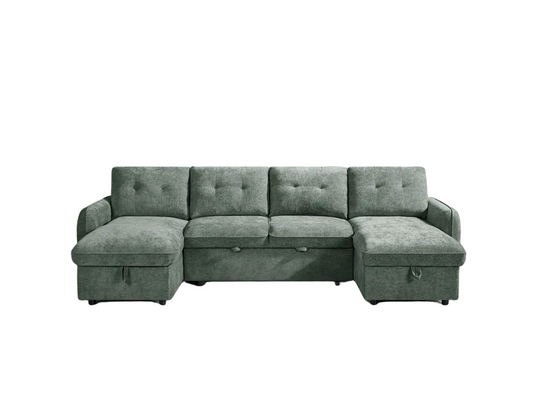 A modern green sofa shown against a plain white background.