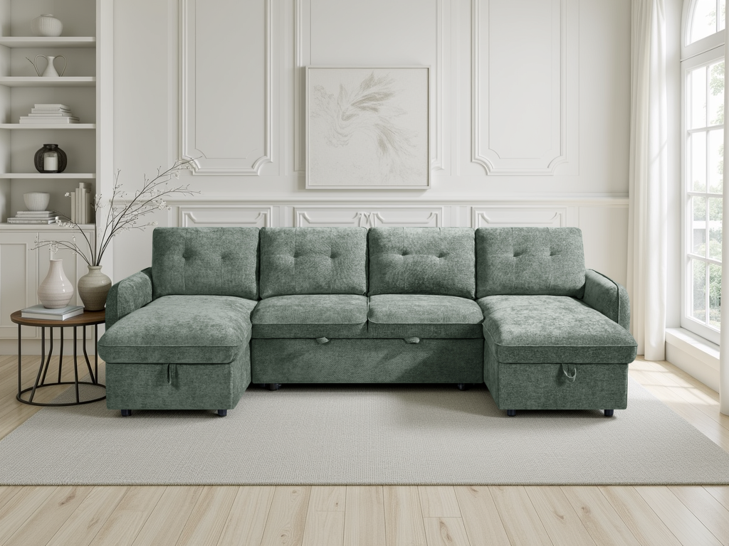 Green sectional sofa in a living room with white walls and decor.