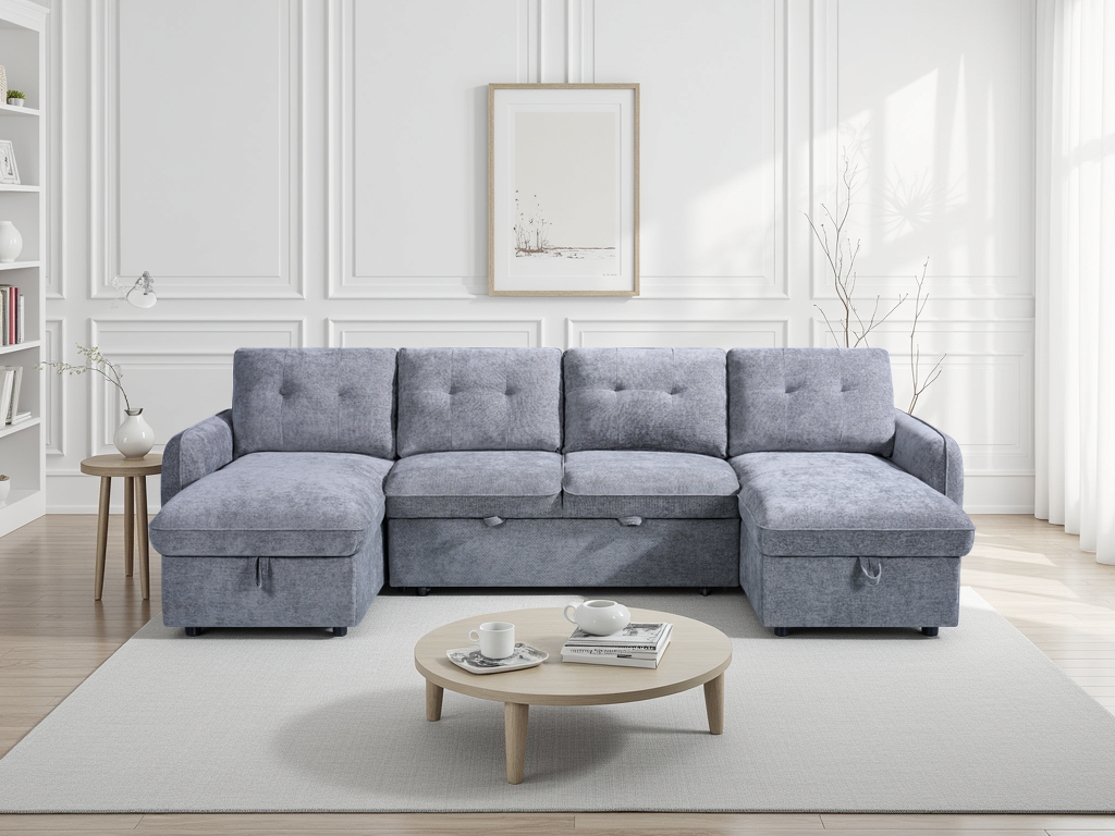 Gray sectional sofa in a living room with a coffee table and decor items.