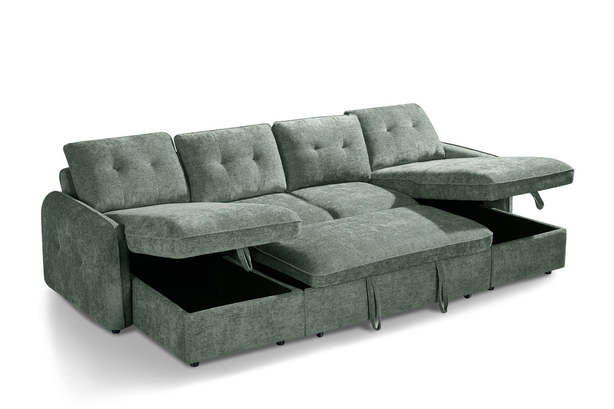 Gray sectional sofa with storage drawers on a white background
