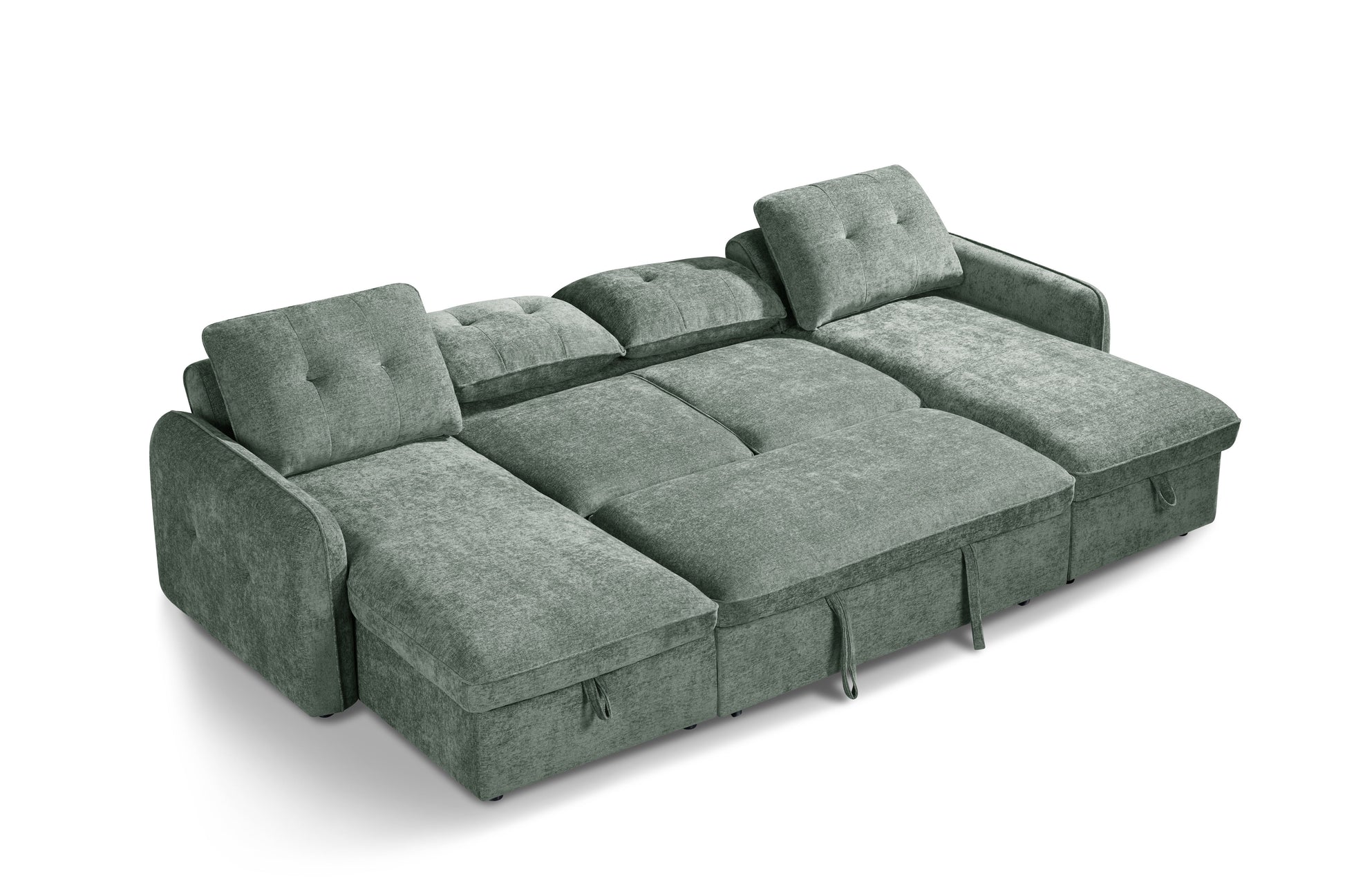 Gray sectional sofa with storage drawers on a white background